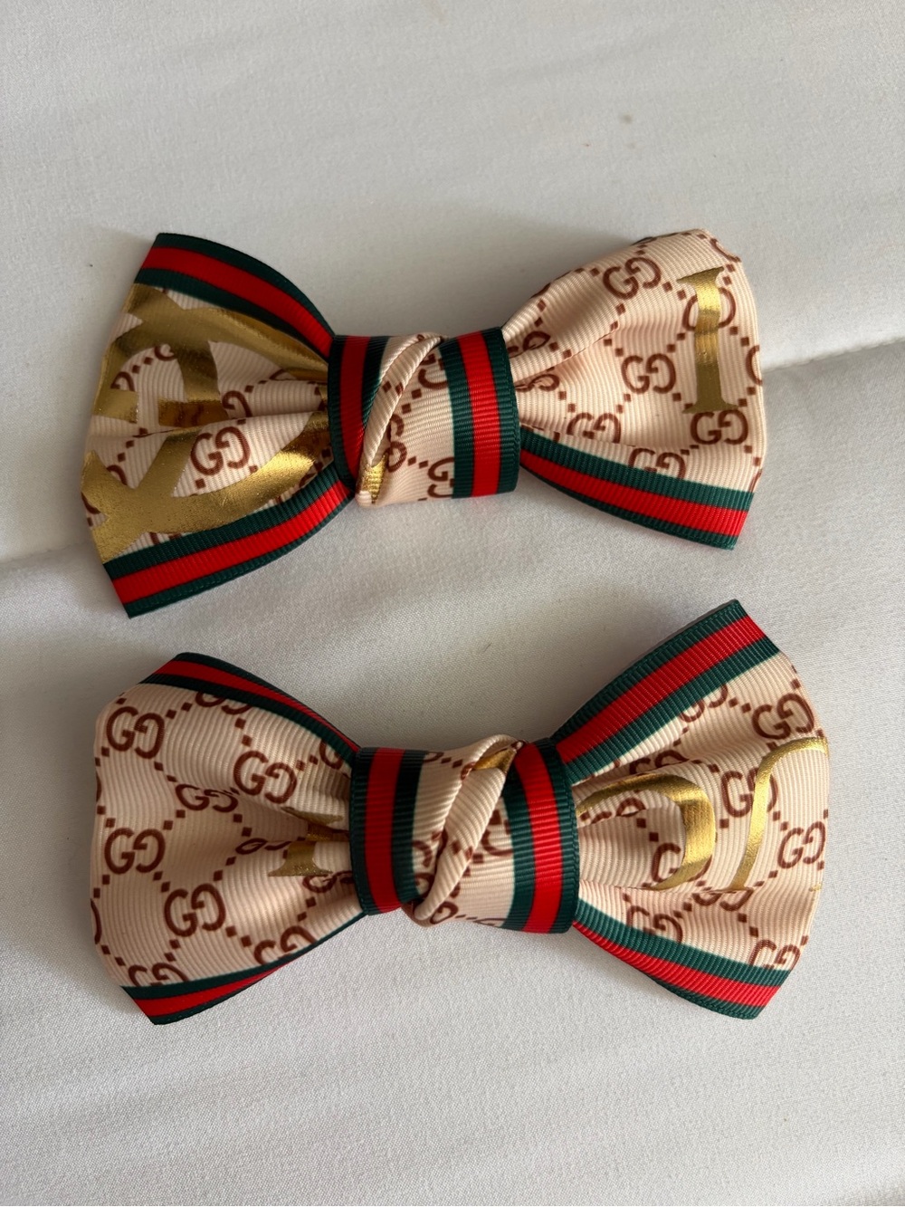 Designer-Inspired Beige Bow Hair Clips with Red & Green Trim